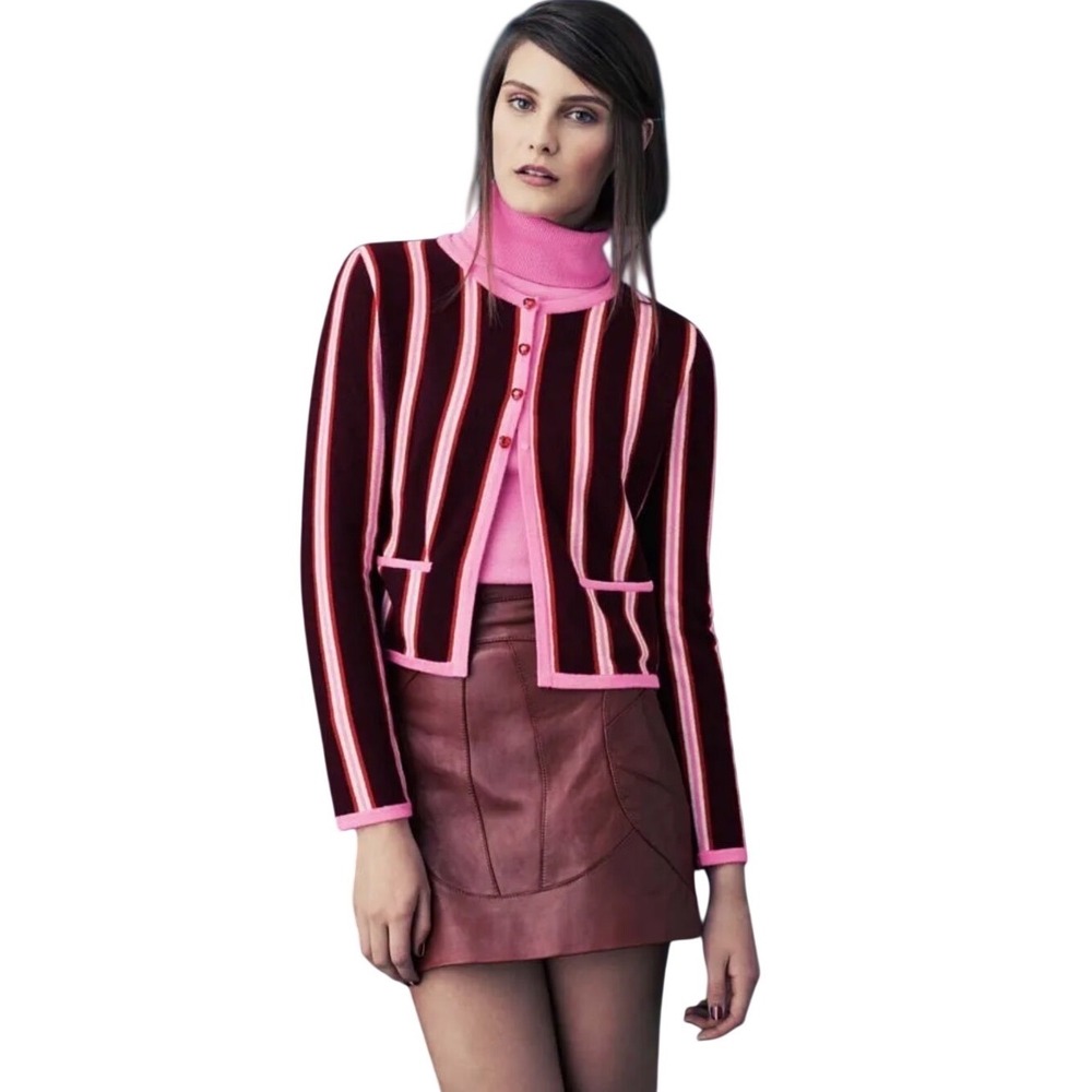 House of Holland Pink Striped Knit Cardigan Wool Cashmere Crystal Heart Button M